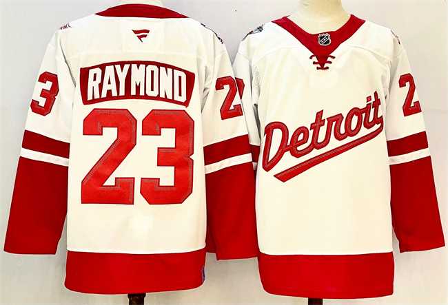 Mens Detroit Red Wings #23 Lucas Raymond White Red 2024-25 Stitched Jersey